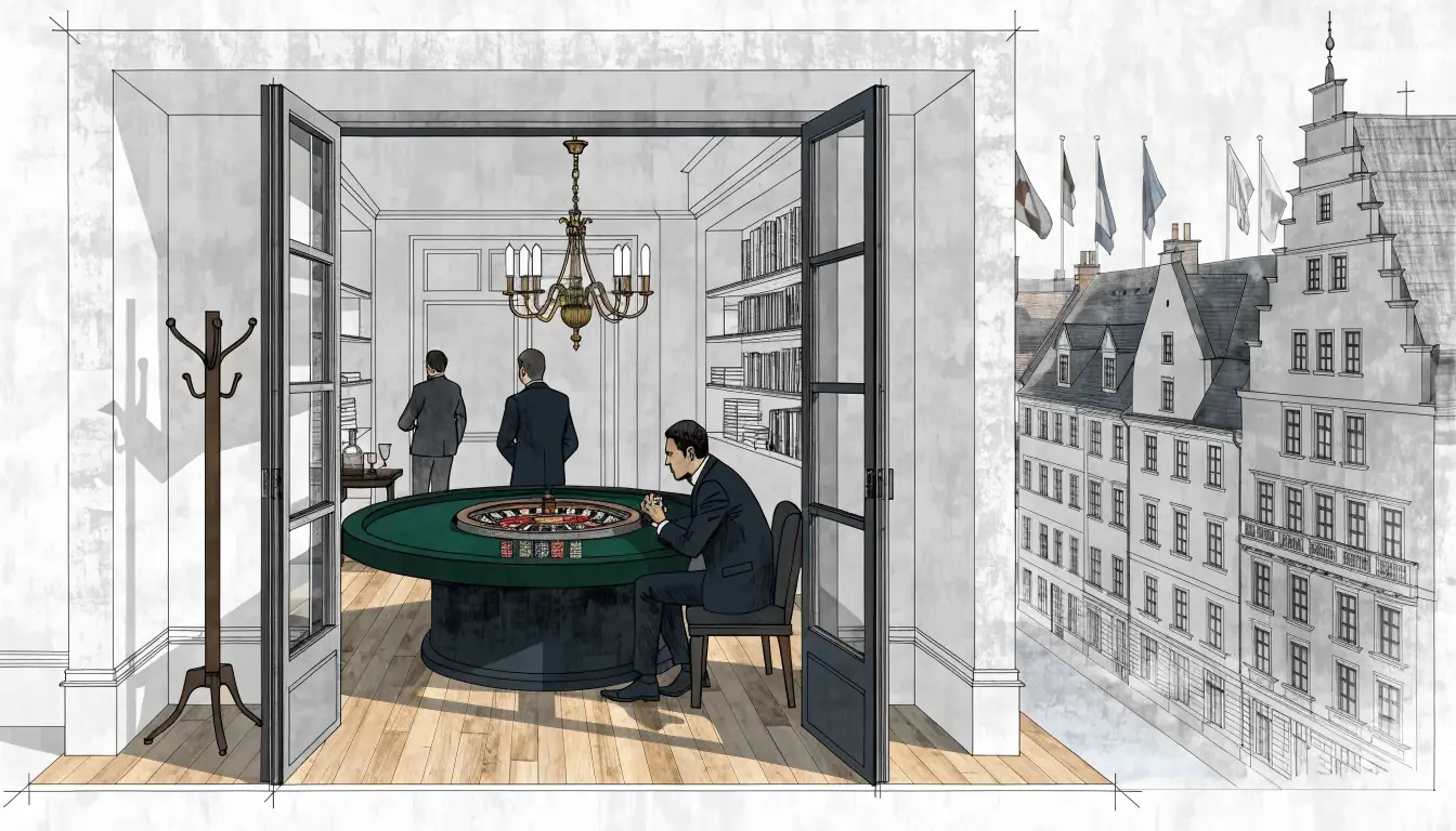 Abendlich beleuchtete Casino-Lounge mit Roulette-Tisch, Chips und Länderflaggen im Hintergrund