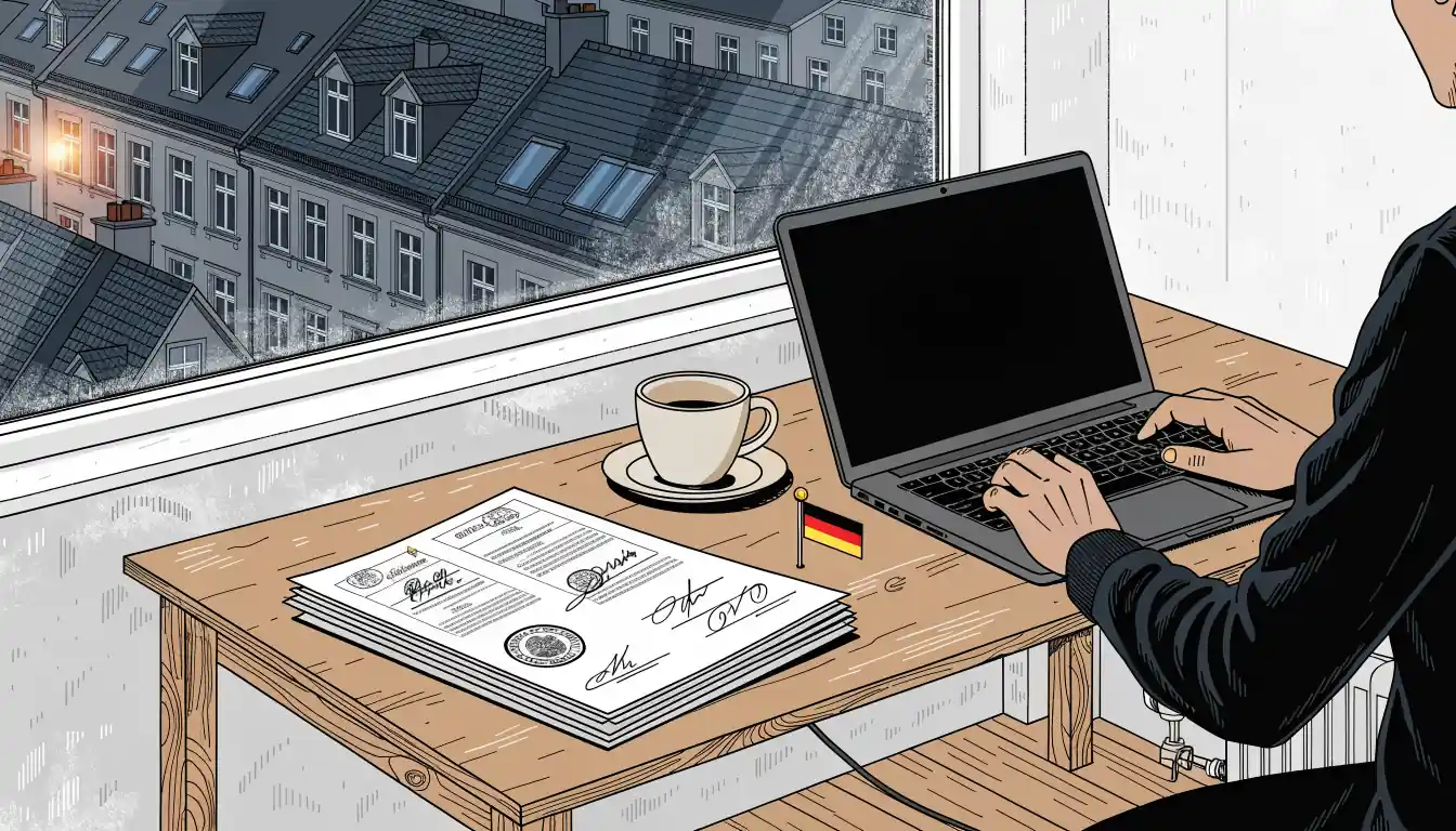 Schreibtisch in Berlin mit Laptop, Dokumenten und kleiner Deutschlandfahne
