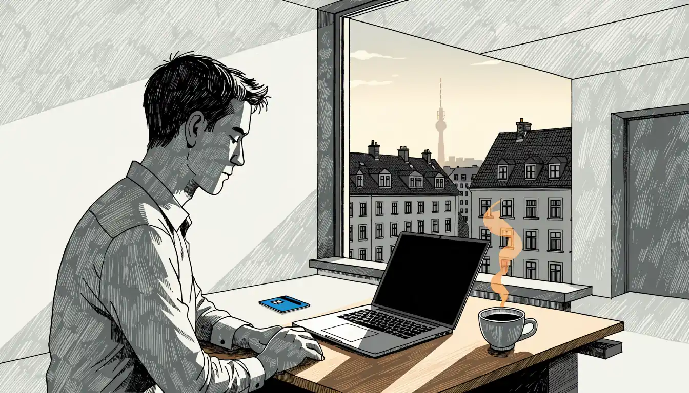Junger Mann am Schreibtisch mit Prepaid-Karte und Laptop in moderner Berliner Wohnung