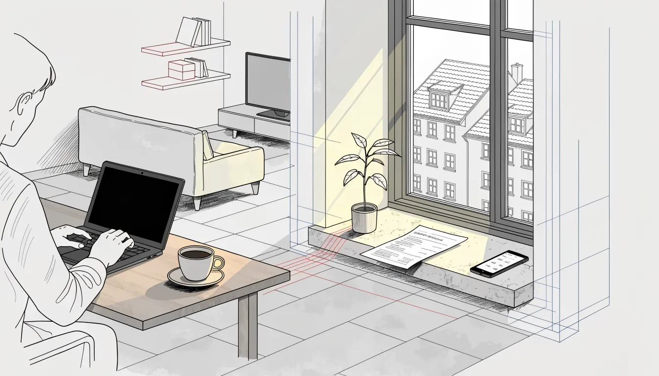 Modernes deutsches Wohnzimmer mit Laptop auf Schreibtisch und Tageslicht
