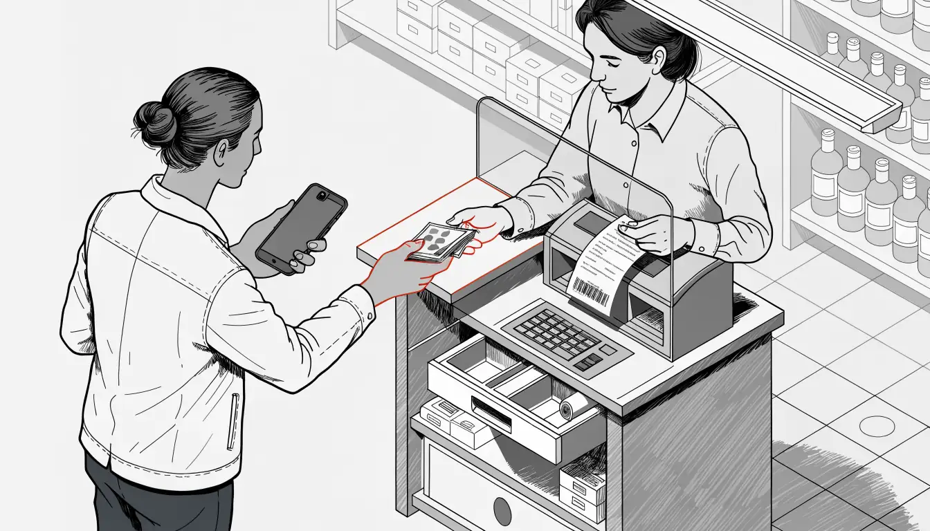 Kunde zahlt bar an einer deutschen Ladenkasse und erhält einen CashtoCode-Bon für die Online-Casino-Einzahlung.