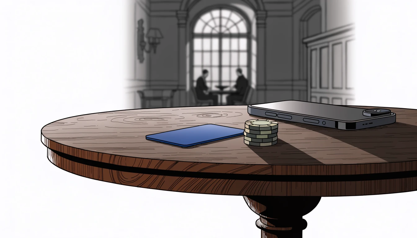 Blaue Zahlungskarte mit Casino-Chips auf Holztisch in elegantem deutschen Interieur