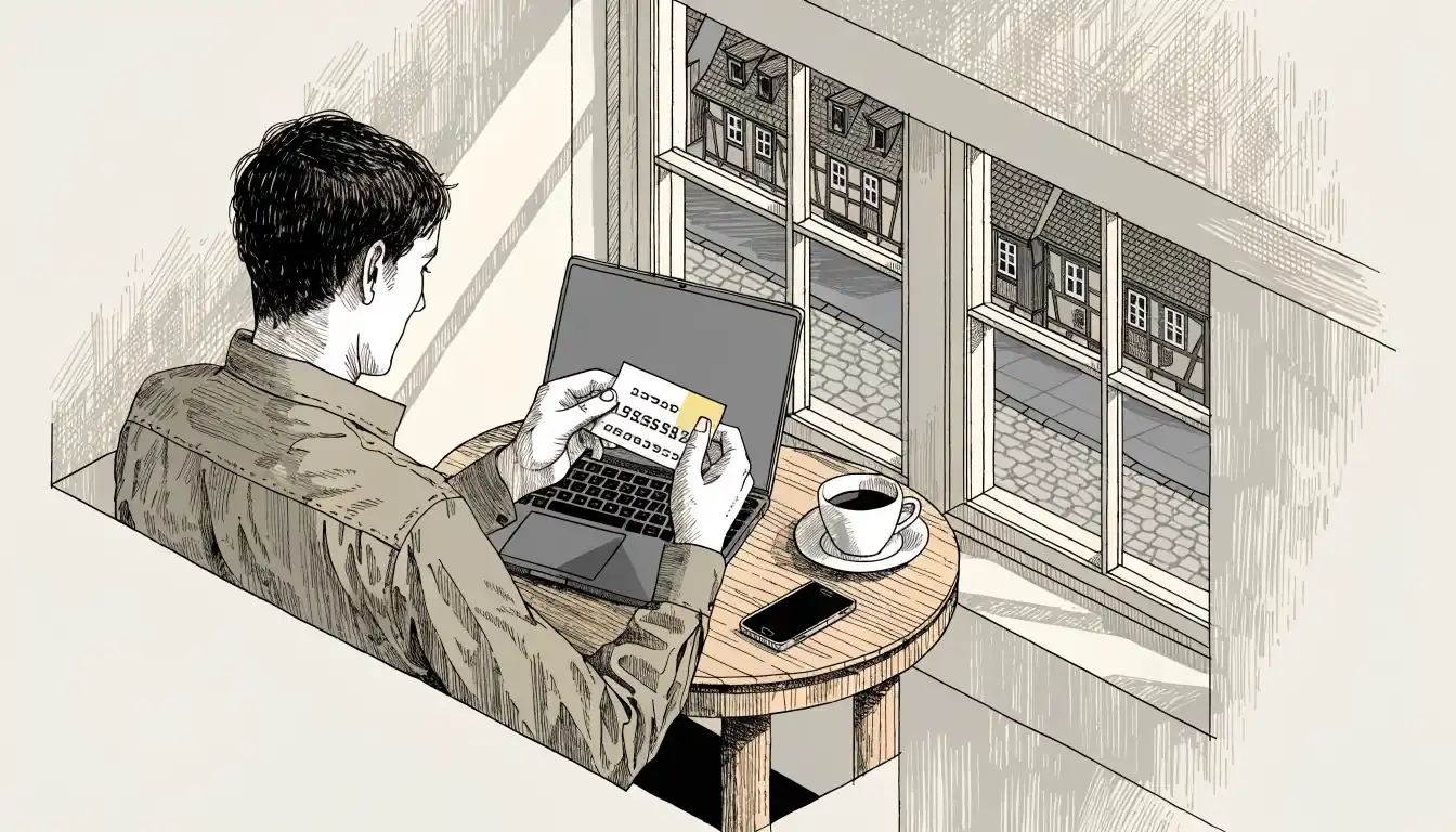 Person mit Flexepin-Gutschein in einem deutschen Café neben Laptop