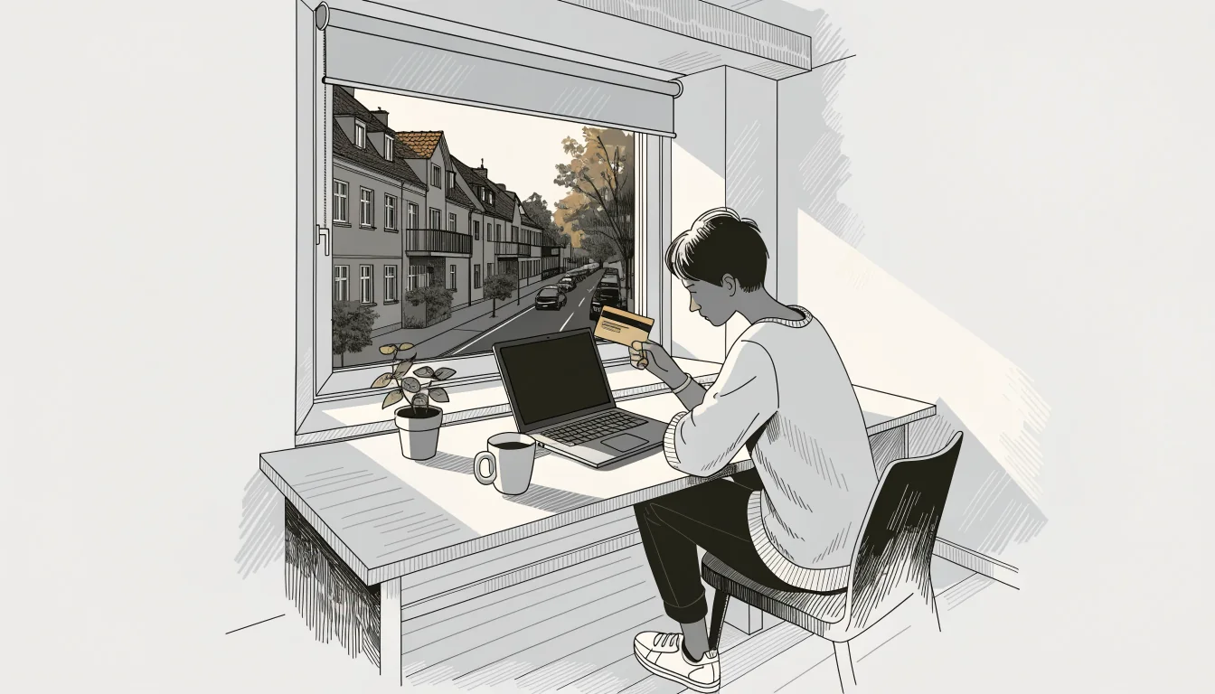 Person hält Kreditkarte neben Laptop auf Schreibtisch in deutscher Wohnung.