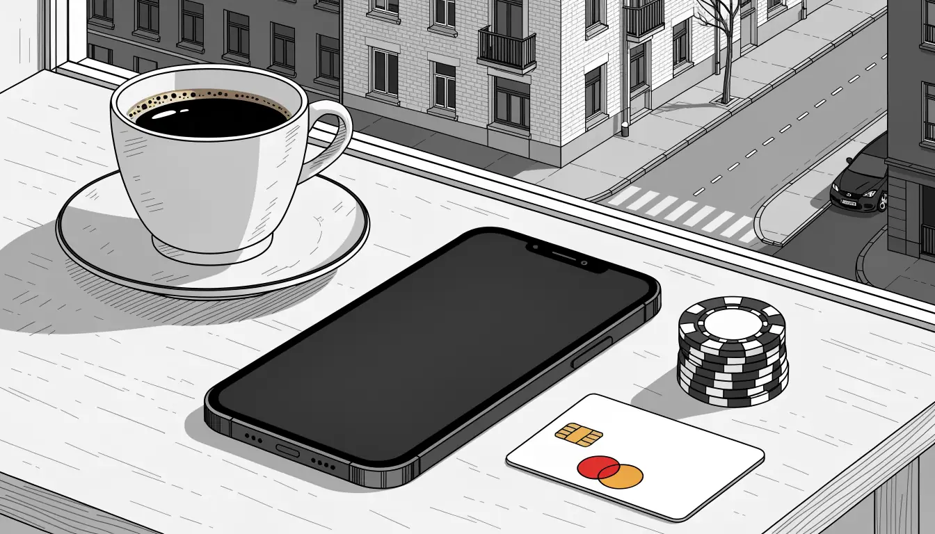 Mastercard-Kreditkarte neben Smartphone und Casino-Chips auf einem Schreibtisch