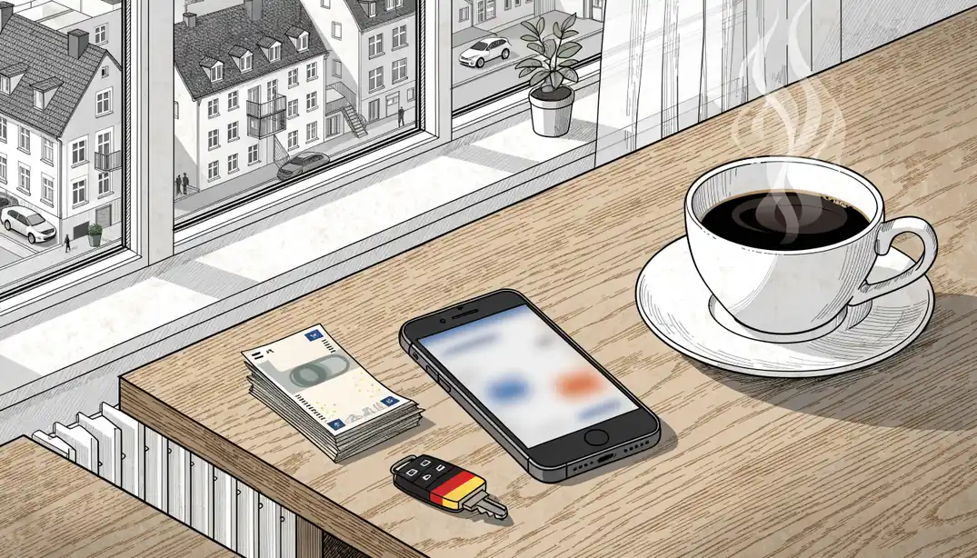 Smartphone mit Wallet-App auf Holztisch, Euro-Scheine und Kaffee in deutscher Wohnung
