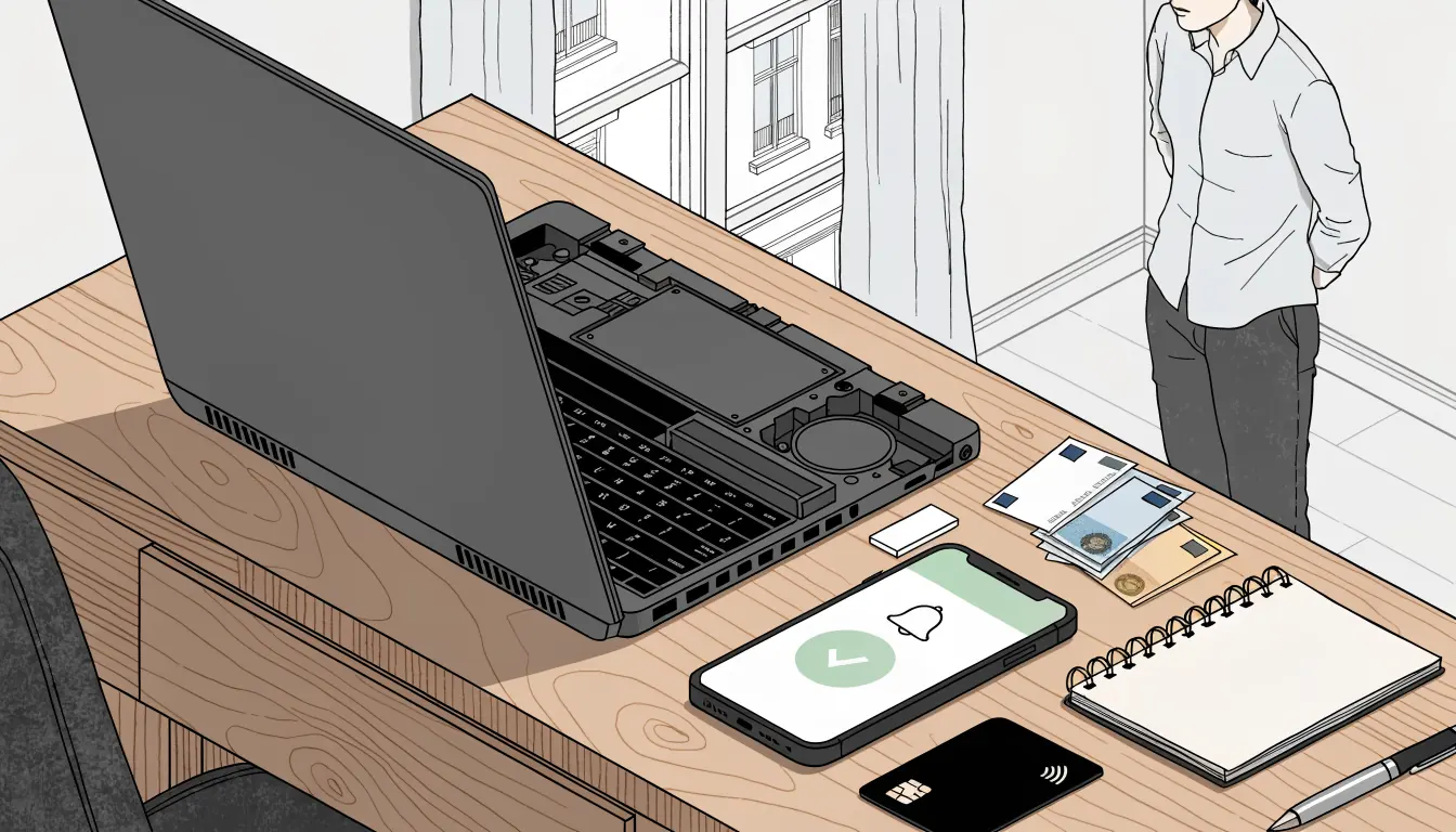 Laptop und Smartphone auf Schreibtisch mit Euro-Scheinen und Bestätigung einer Online-Zahlung.