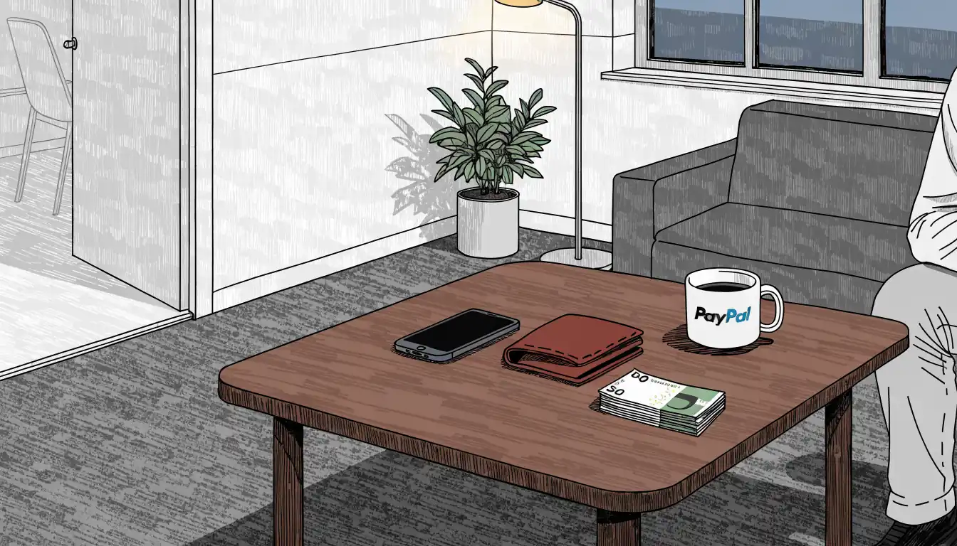 Smartphone auf Couchtisch neben PayPal-Tasse und Geldbörse in deutschem Wohnzimmer