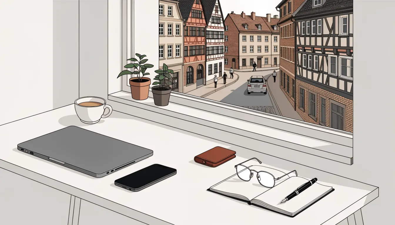 Ordnung auf einem Schreibtisch mit geschlossenem Laptop und Notizbuch vor einem deutschen Stadtfenster.