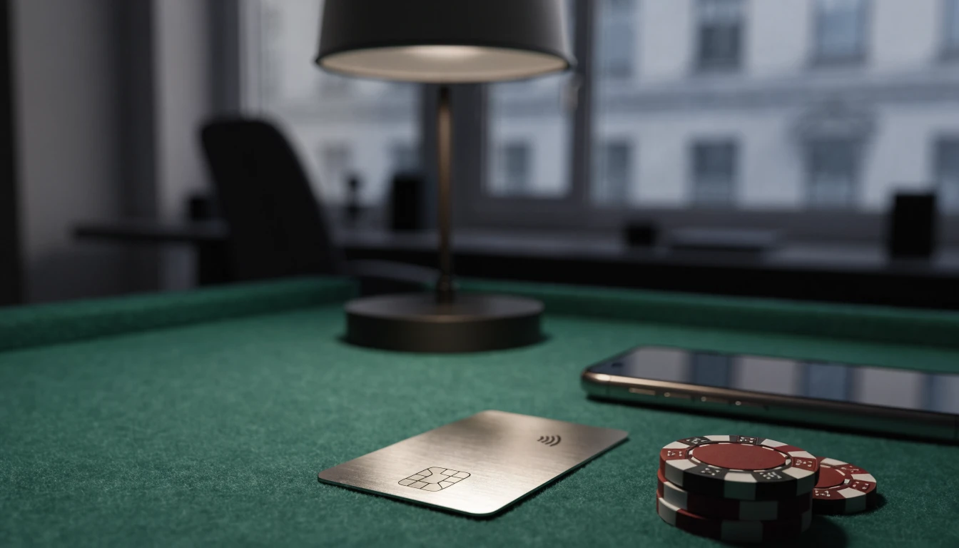Eine moderne Zahlungskarte neben Pokerchips und Smartphone auf grünem Filzuntergrund bei warmem Abendlicht