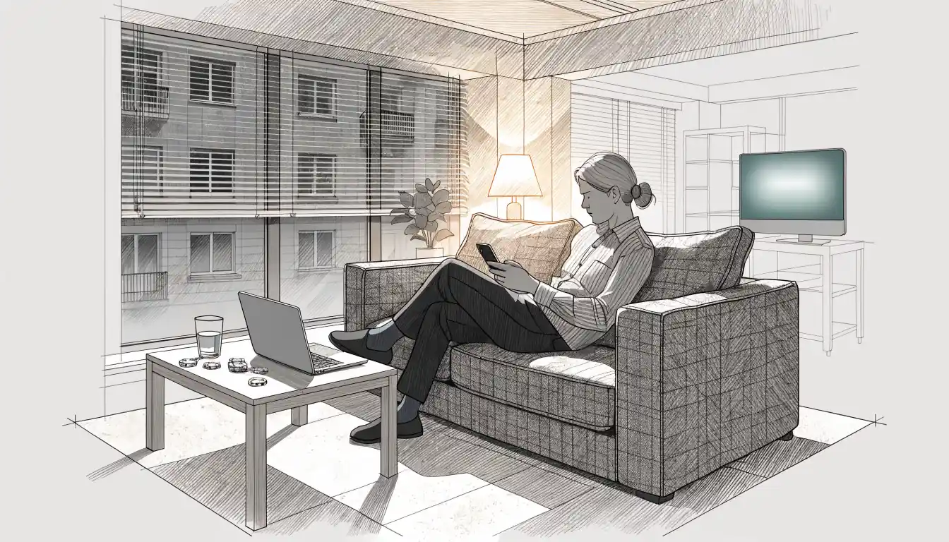 Person mit Smartphone in modernem Wohnzimmer abends, neben Chip und Laptop.
