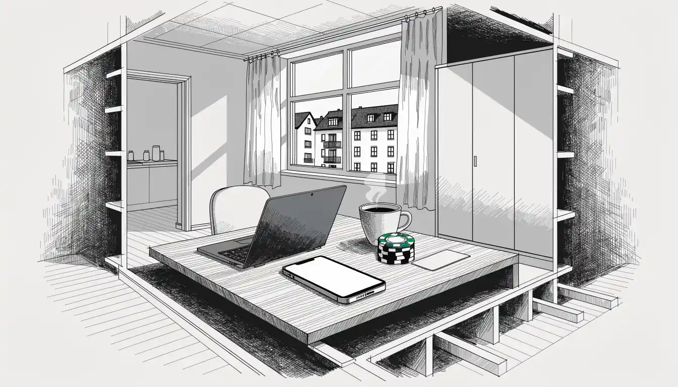 Schreibtisch mit Laptop, Smartphone, Spielchips und Bankkarte