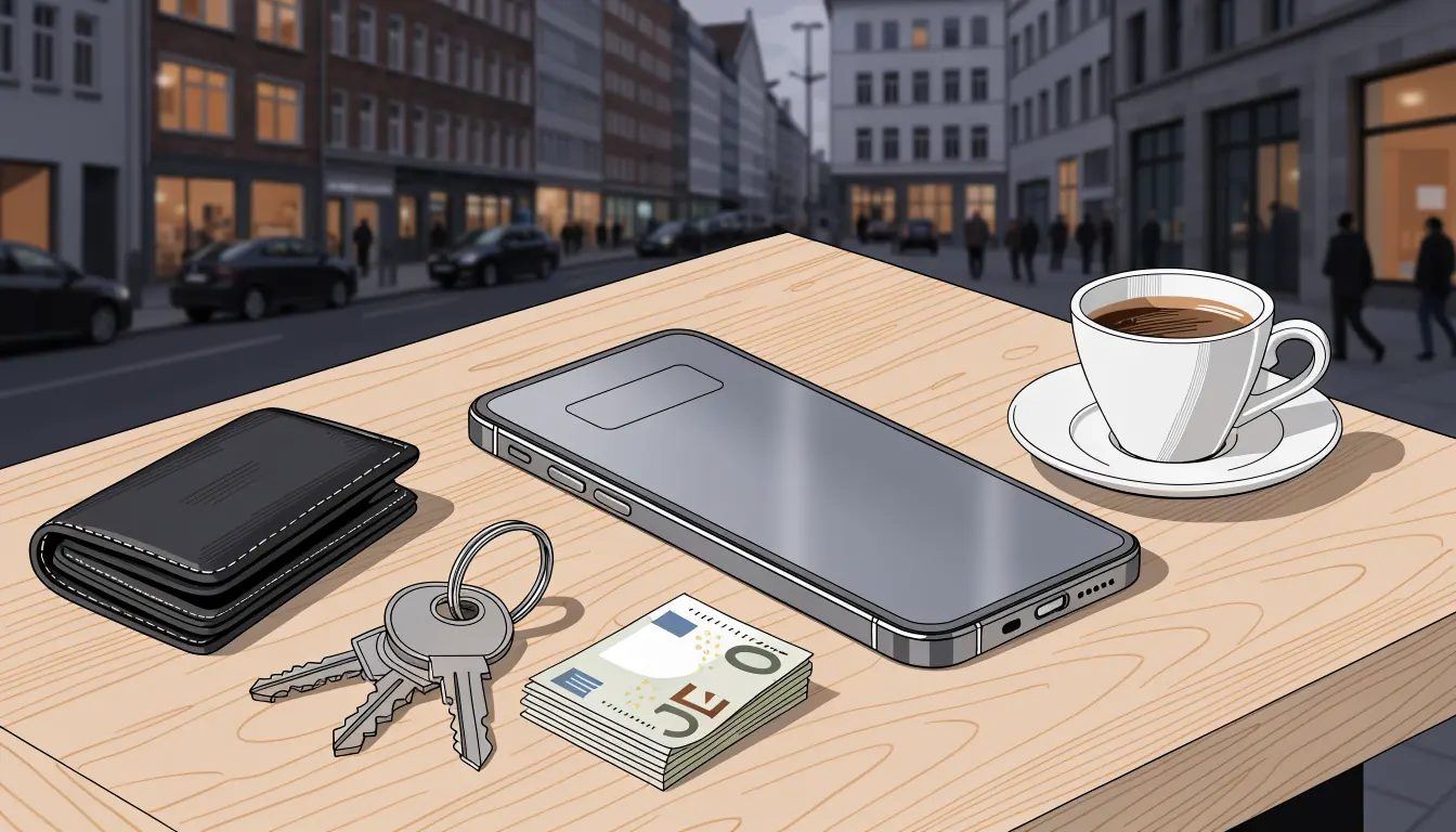 Smartphone auf einem Tisch in einem deutschen Café bei Abendlicht, bereit für eine mobile Zahlung.