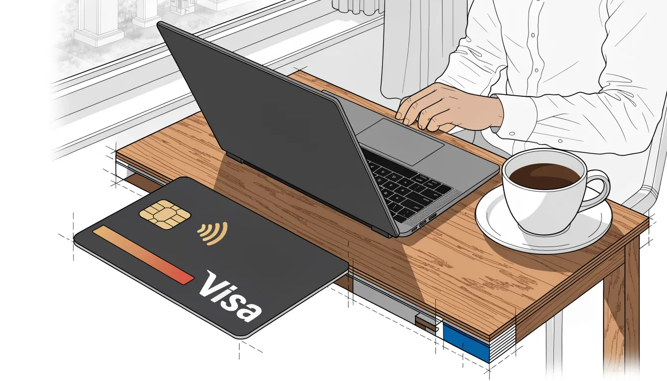 Visa-Kreditkarte neben einem Laptop auf einem Schreibtisch