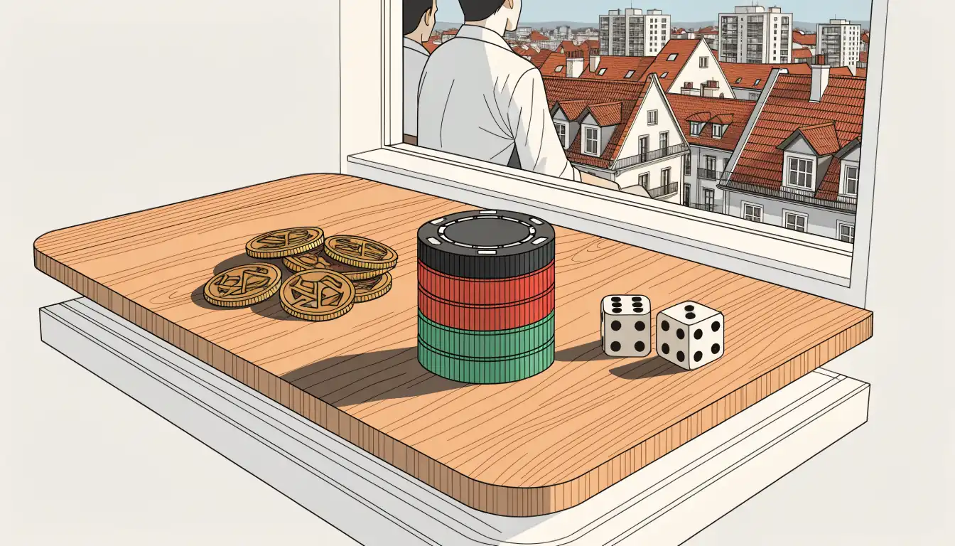 Casino-Chips und Krypto-Münzen auf einem Holztisch vor deutschem Stadtblick