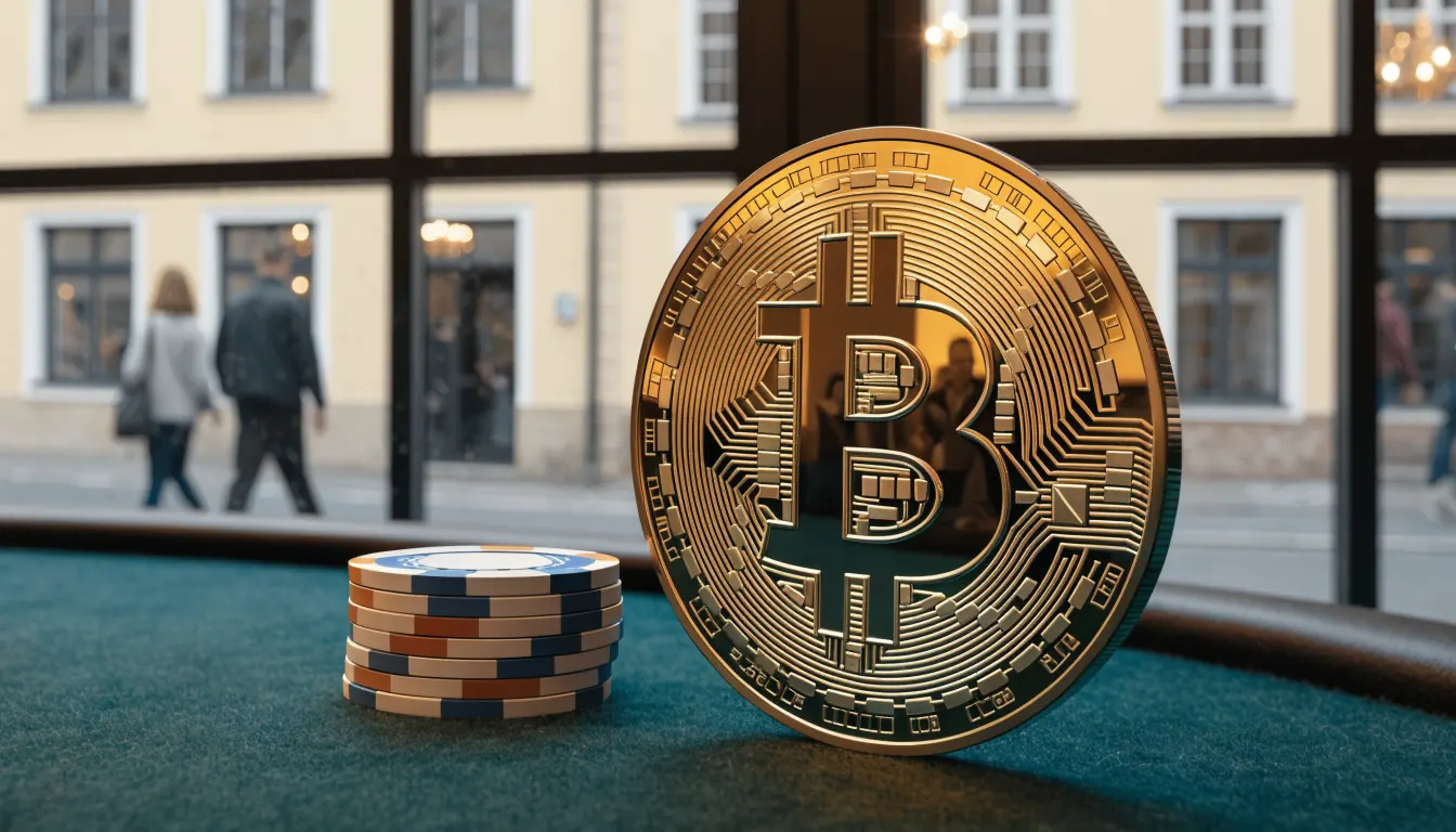 Bitcoin-Cash-Münze auf Spieltisch mit Casino-Chips, deutsche Stadt im Hintergrund