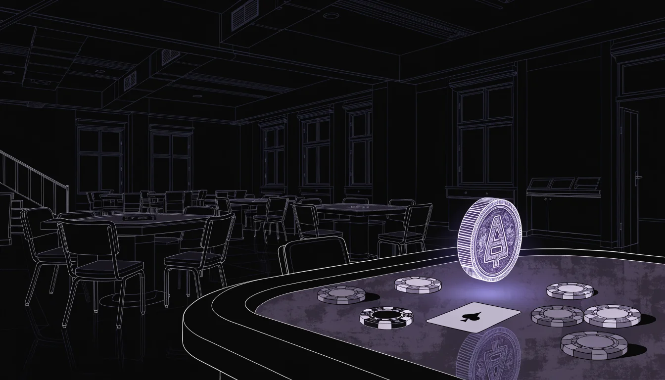 Leuchtende ADA-Münze über einem Casino-Tisch mit Chips und Spielkarte.