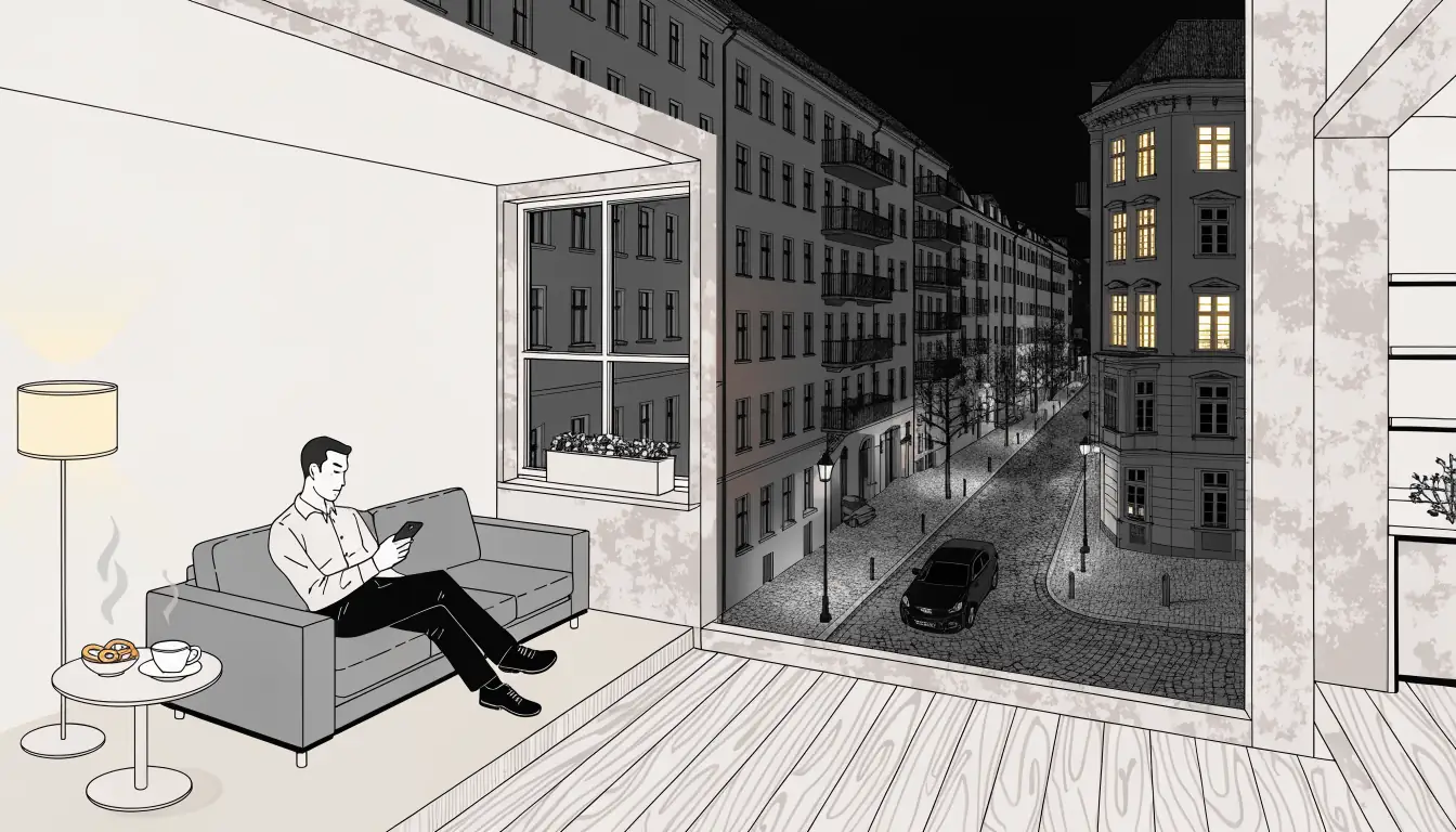 Mann auf der Couch mit Smartphone, Kaffee und Brezeln, warmes Wohnzimmerlicht in Berlin.