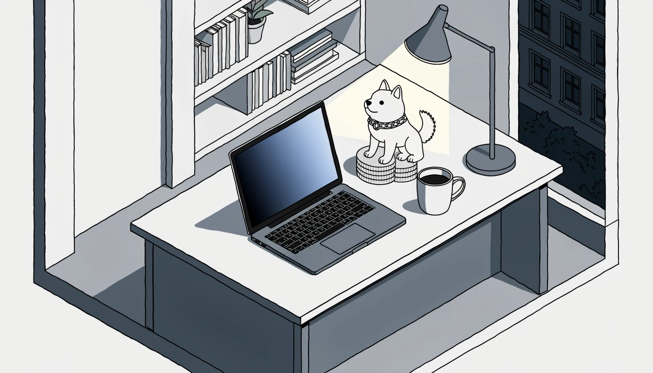 Hundefigur und Kryptomünzen neben Laptop auf Schreibtisch