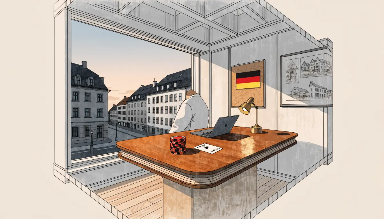 Modernes Zimmer mit Blick auf deutsche Stadt, Casino-Chips und Spielkarte auf dem Tisch
