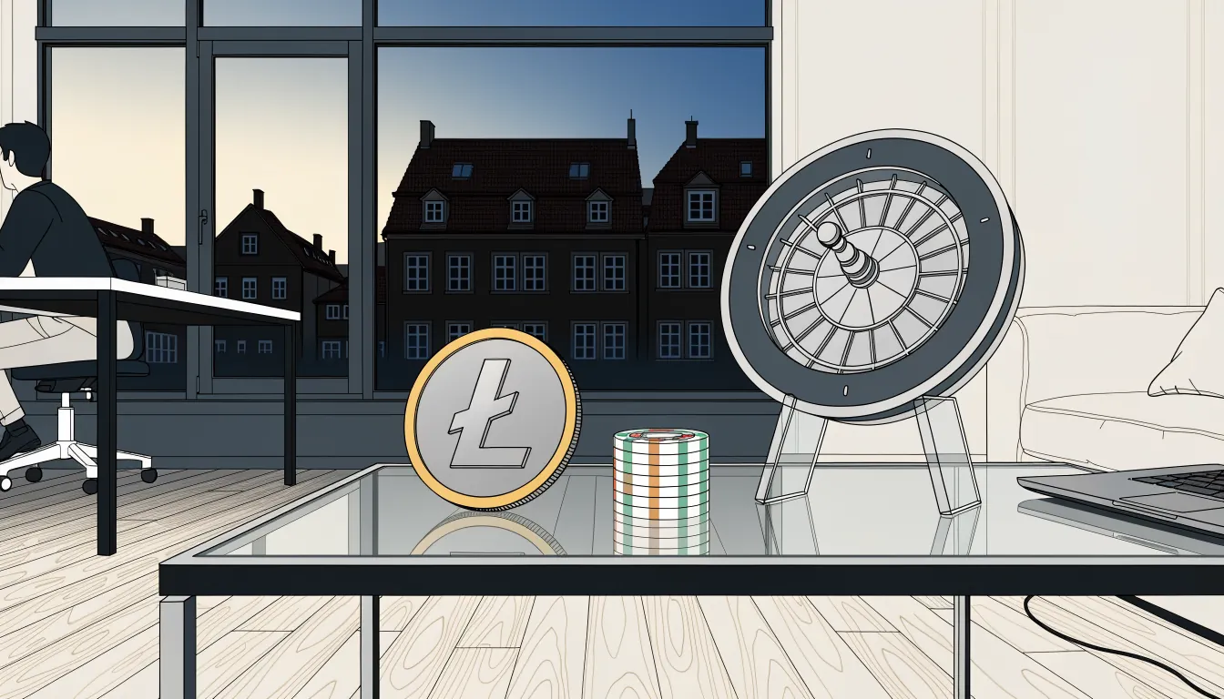 Litecoin-Münze neben Casino-Chips und Roulette auf einem Couchtisch in einer deutschen Wohnung.