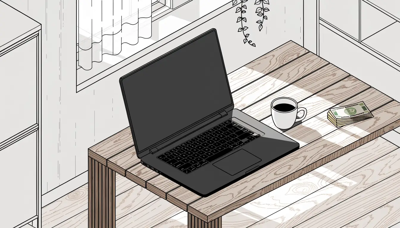 Offener Laptop auf Holztisch in heller Wohnung mit Kaffeetasse und Euro-Geldscheinen.