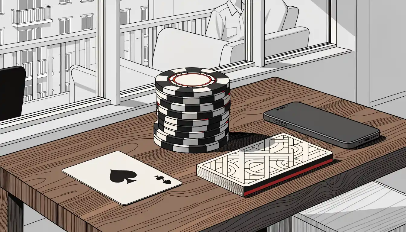 Casino-Chips, Spielkarte und dekorativer Gutschein auf Tisch im modernen deutschen Apartment.