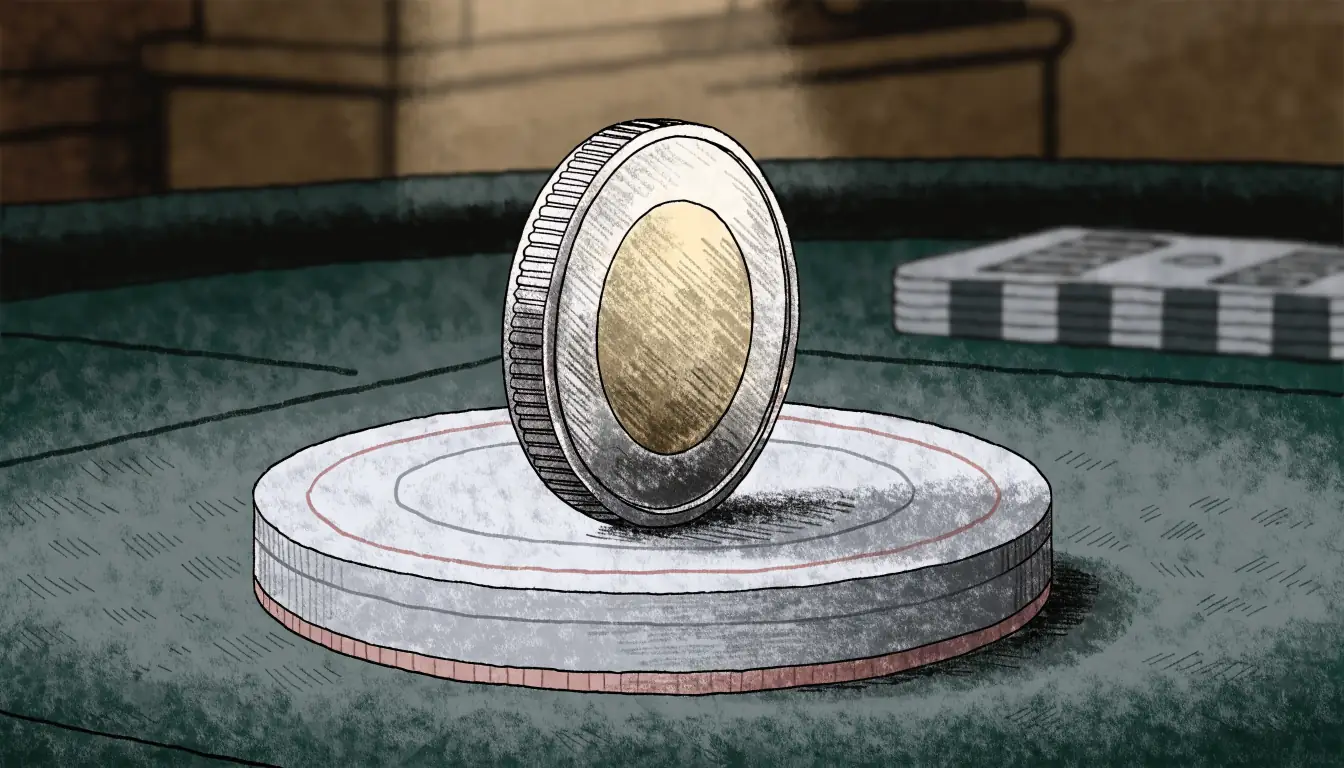 Eine Euromünze auf einem Casino-Spielchip auf grünem Filz.