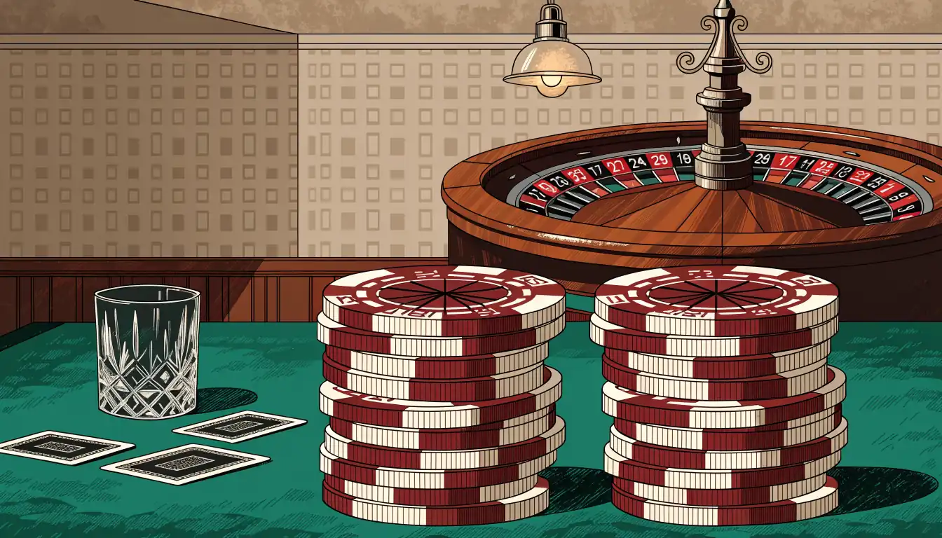 Zwei gleiche Stapel Casino-Chips auf grünem Filz vor einem Roulette-Rad, warmes Abendlicht.