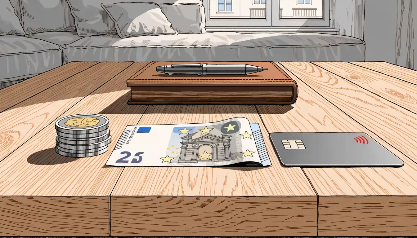 Euromünzen, ein Fünfzehn-Euro-Schein und eine Bankkarte auf einem hellen Holztisch