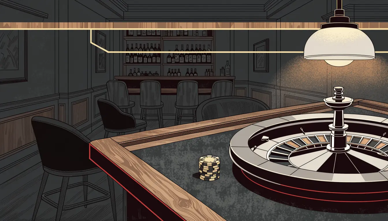 Roulette-Tisch mit Chips in elegantem deutschen Spiellokal bei warmem Licht