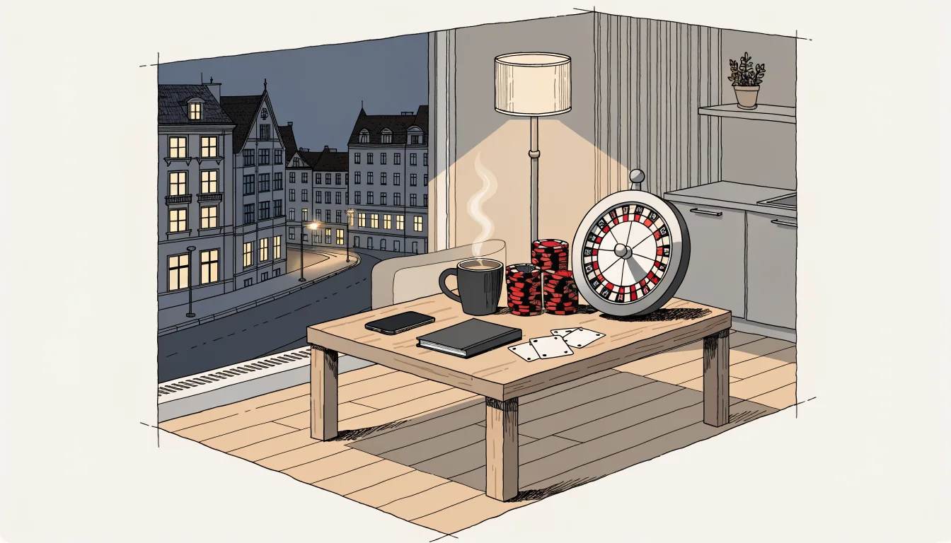 Gemütliche deutsche Wohnung am Abend mit Casino-Chips, dekorativem Roulette und Spielkarten auf dem Tisch