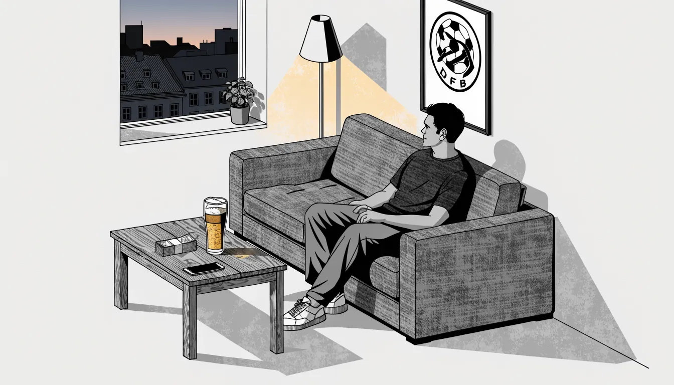 Mann entspannt sich mit Smartphone, Bier und Euro-Banknoten in moderner Berliner Wohnung.