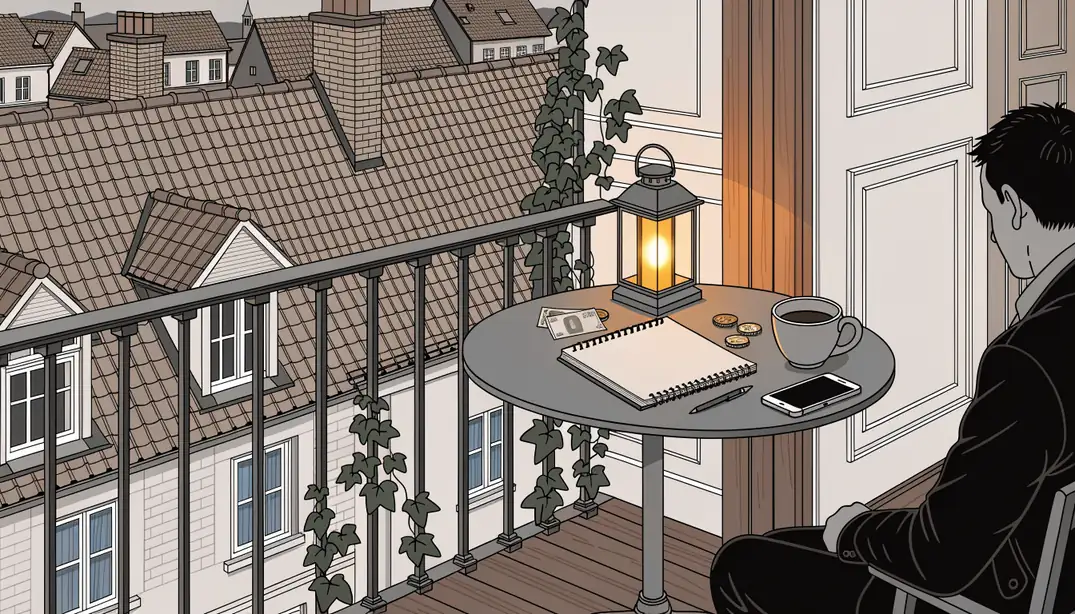 Abendlicher deutscher Balkon mit Stadtblick, Notizbuch, Kaffeetasse und Fünf-Euro-Schein auf dem Tisch.