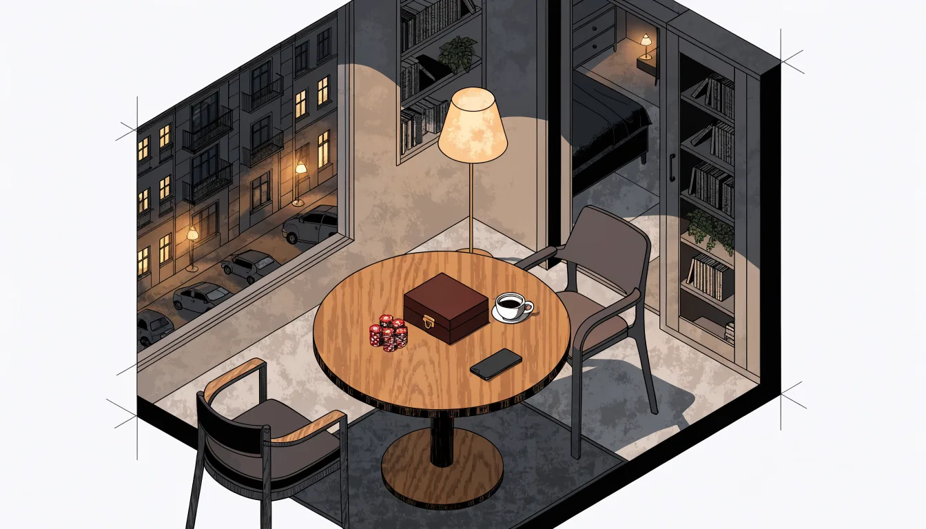 Modernes Wohnzimmer in Deutschland nachts mit Chipstapel, geschlossener Samtbox und Smartphone auf einem Holztisch.