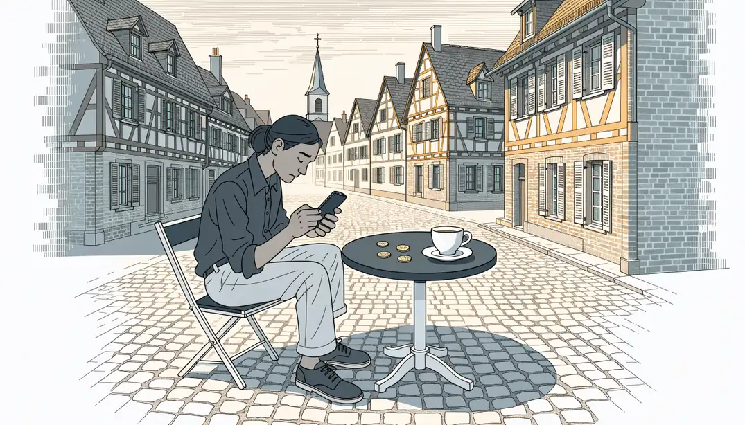 Person mit Smartphone an einem Café-Tisch in einer deutschen Altstadt, verwirrt über mobile Zahlung