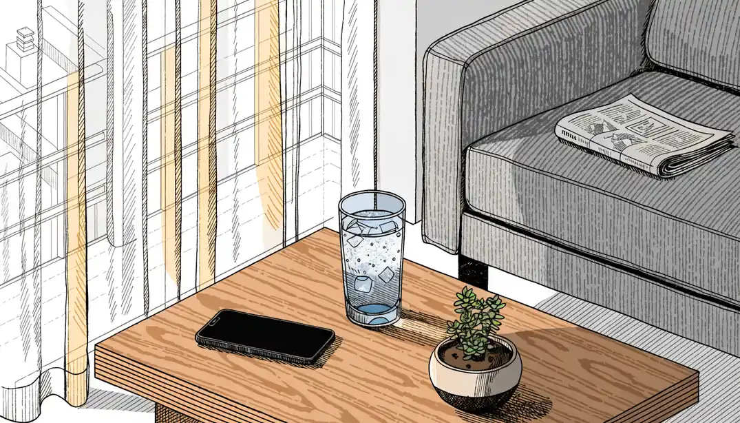 Smartphone auf dem Couchtisch in einem gemütlichen deutschen Wohnzimmer