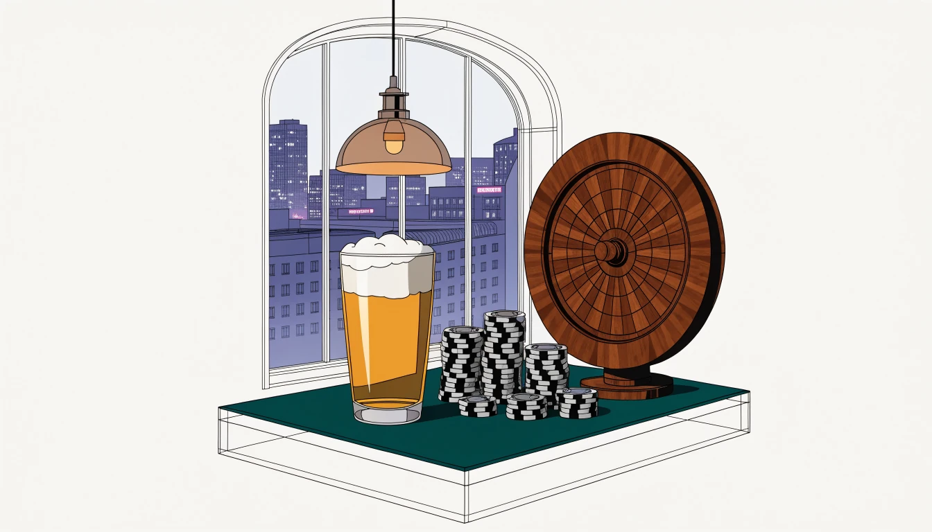 Stapel Pokerchips, Roulettekessel und deutsches Weizenbier auf grünem Filz vor Berliner Skyline bei Nacht