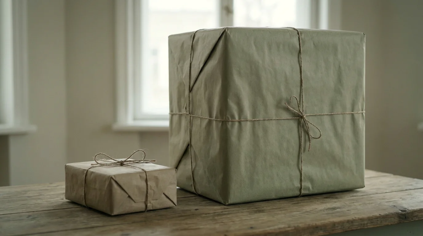 Ein kleines und ein sehr großes Paket nebeneinander auf einem Tisch