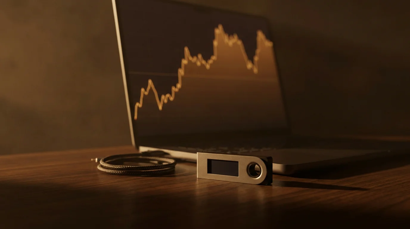 Hardware-Wallet und Notebook mit schlichter Übersichtsansicht auf dunklem Holztisch