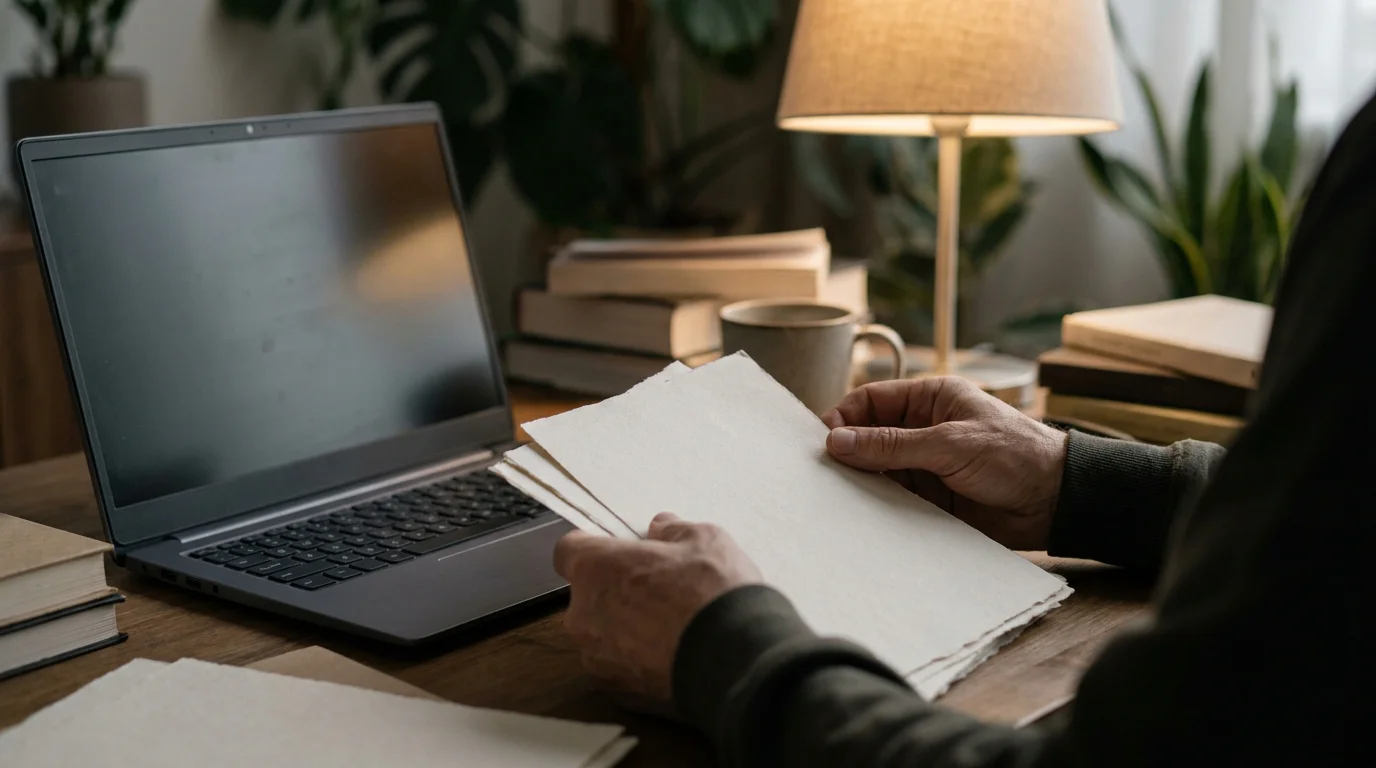 Person sortiert Papierunterlagen neben einem Notebook an einem ruhigen Arbeitsplatz