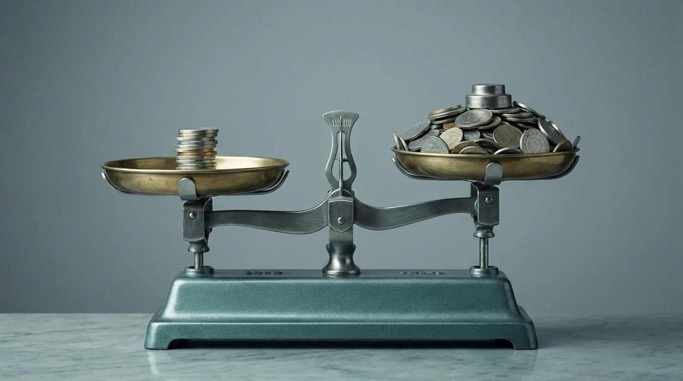 Eine Waage: links ein kleiner Bonus, rechts ein wachsender Berg geforderter Umsatz