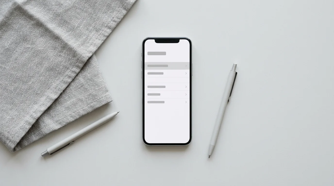 Smartphone auf einem Tisch mit schlichter Menüansicht bei Tageslicht