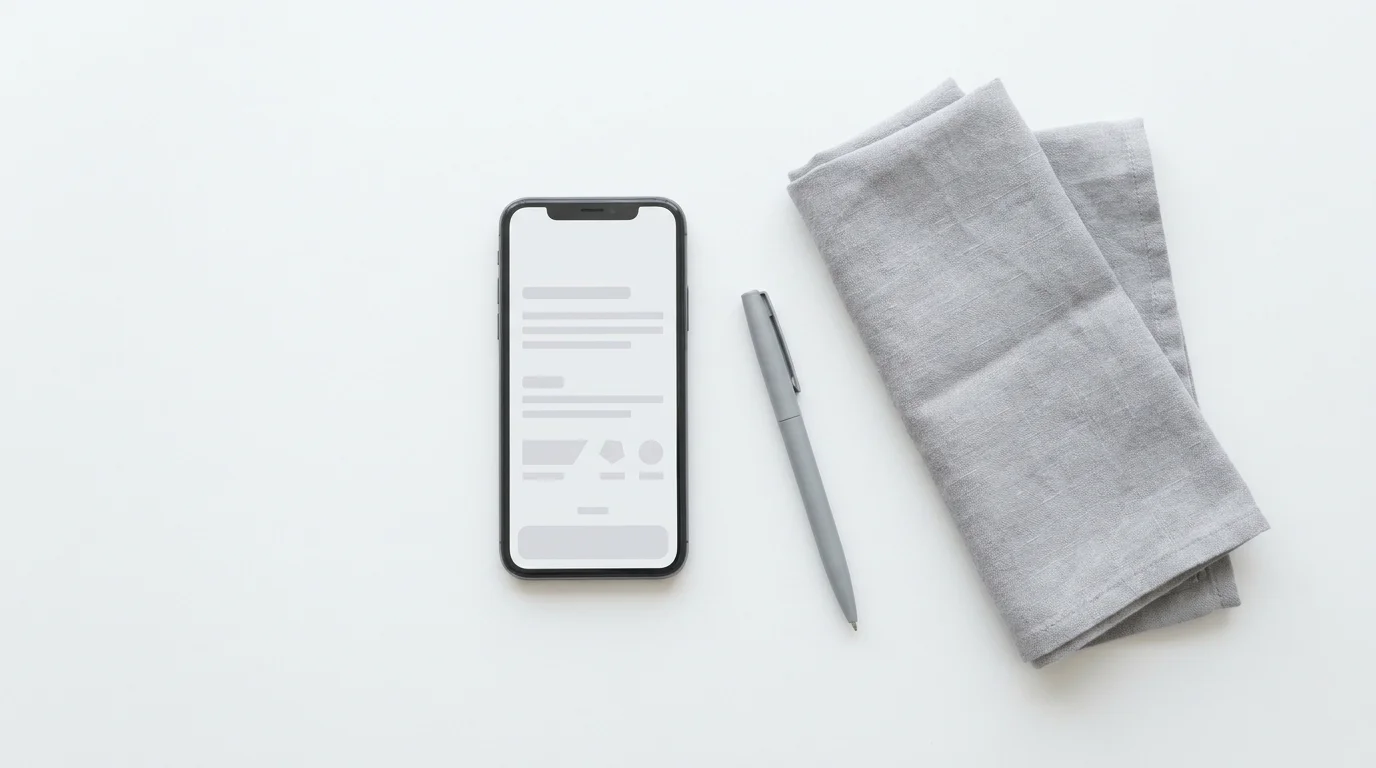 Smartphone mit schlichter Menüansicht auf einer hellen Tischfläche