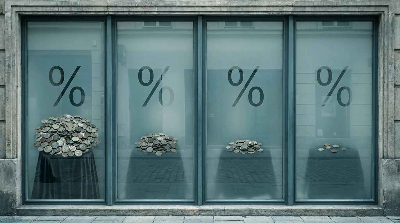 Vier Schaufenster mit 100, 200, 300 und 400 Prozent, deren Münzinhalt nach rechts schrumpft