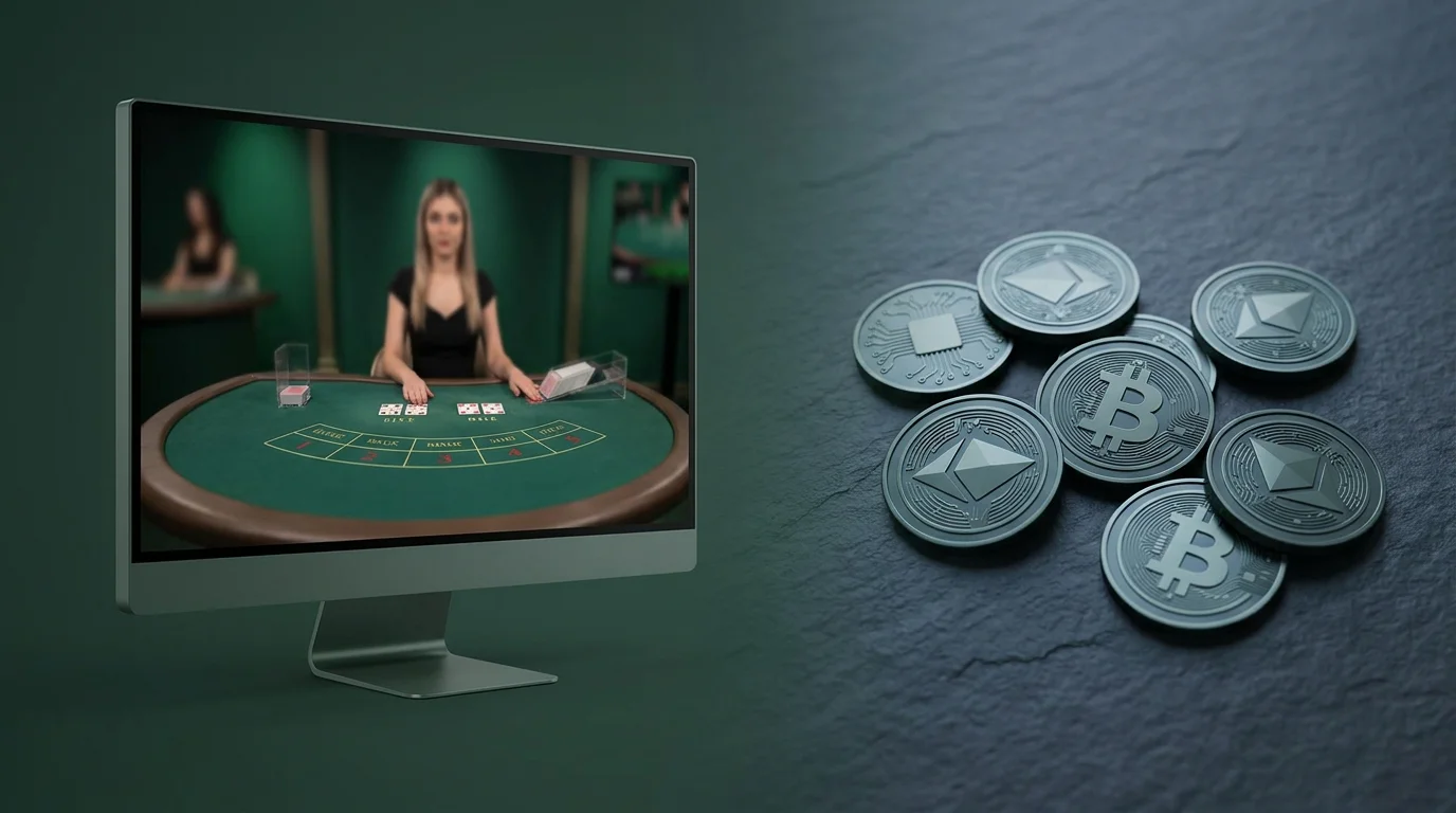 Ein Live-Baccarat-Tisch neben Krypto-Symbolen als Sinnbild des ungerahmten Segments