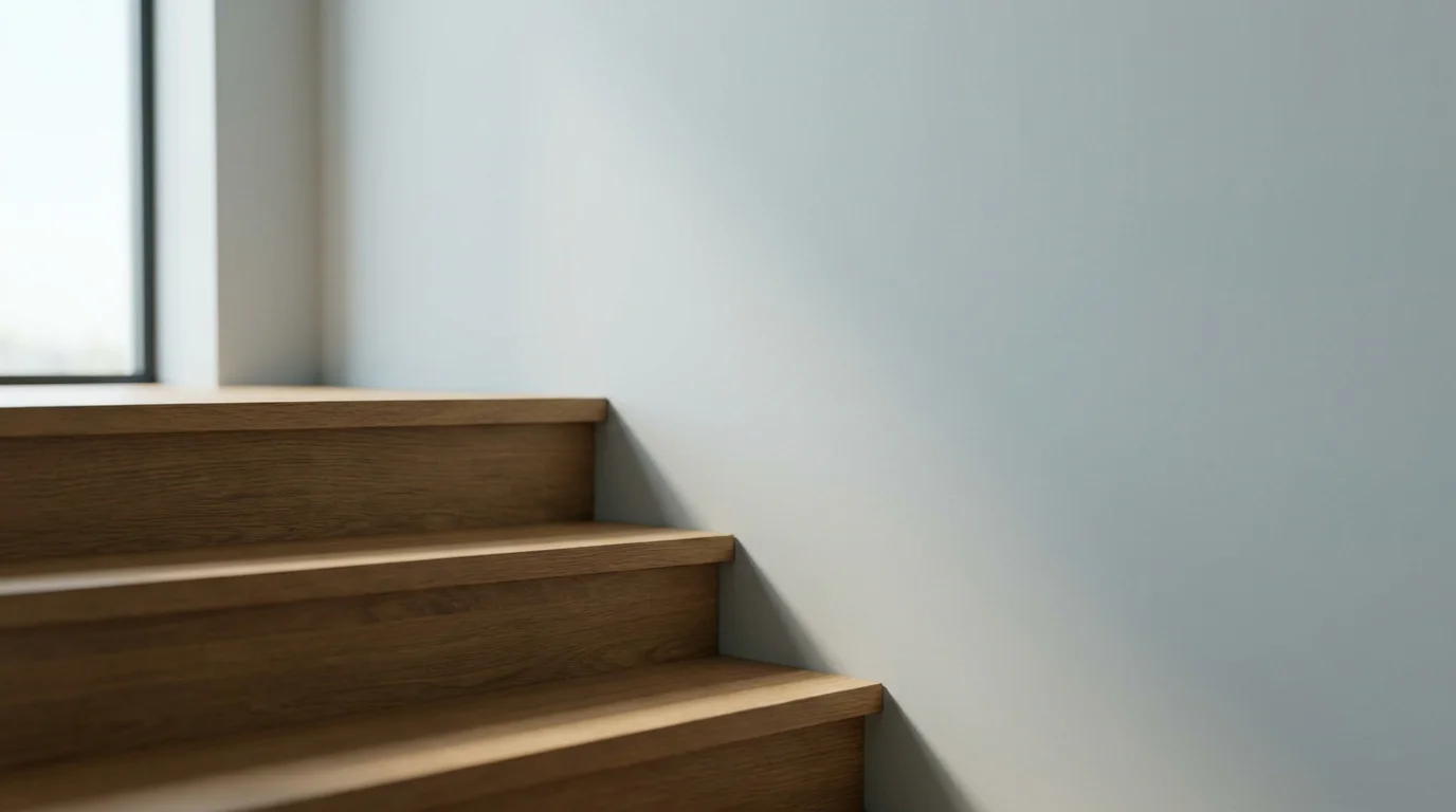 Drei aufsteigende Stufen aus schlichtem Holz vor heller Wand