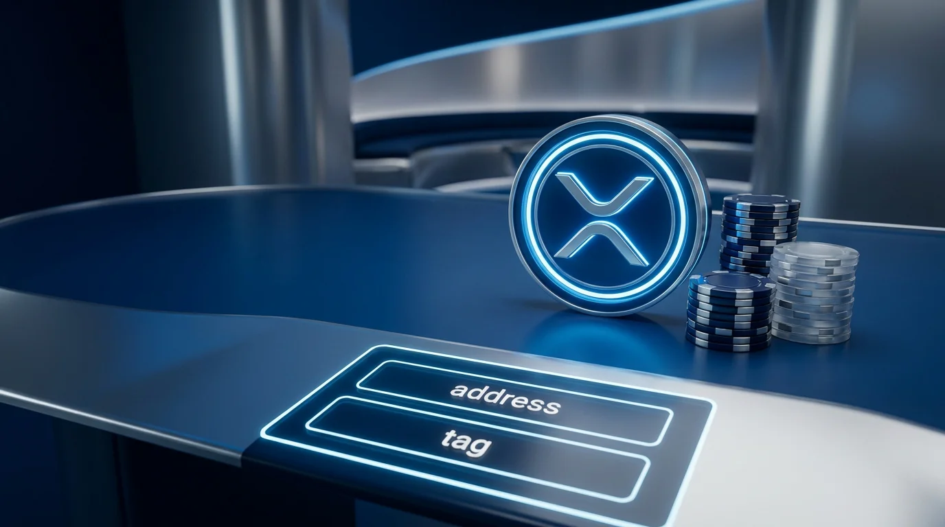 Das XRP-Symbol neben Spielchips und einem Zahlungsformular mit Adress- und Tag-Feld