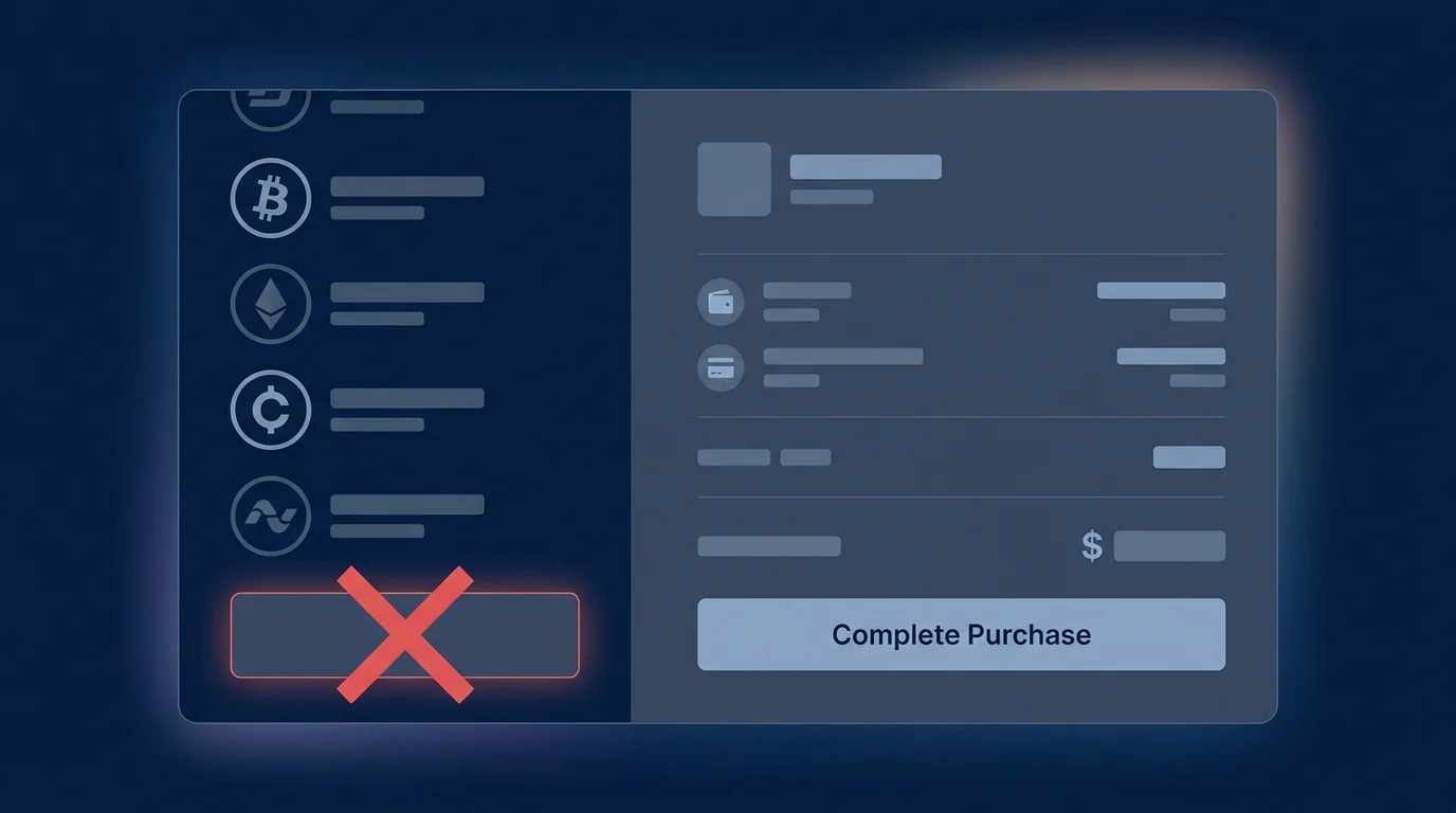 Eine Zahlungsseite mit mehreren Krypto-Symbolen und ohne PayPal als Erkennungsmerkmal des Segments