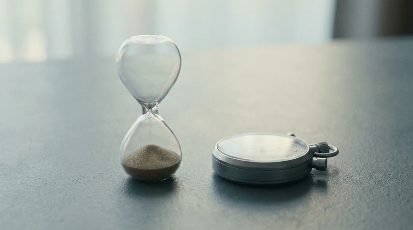 Sanduhr mit fast durchgelaufenem Sand neben einer schlichten Stoppuhr